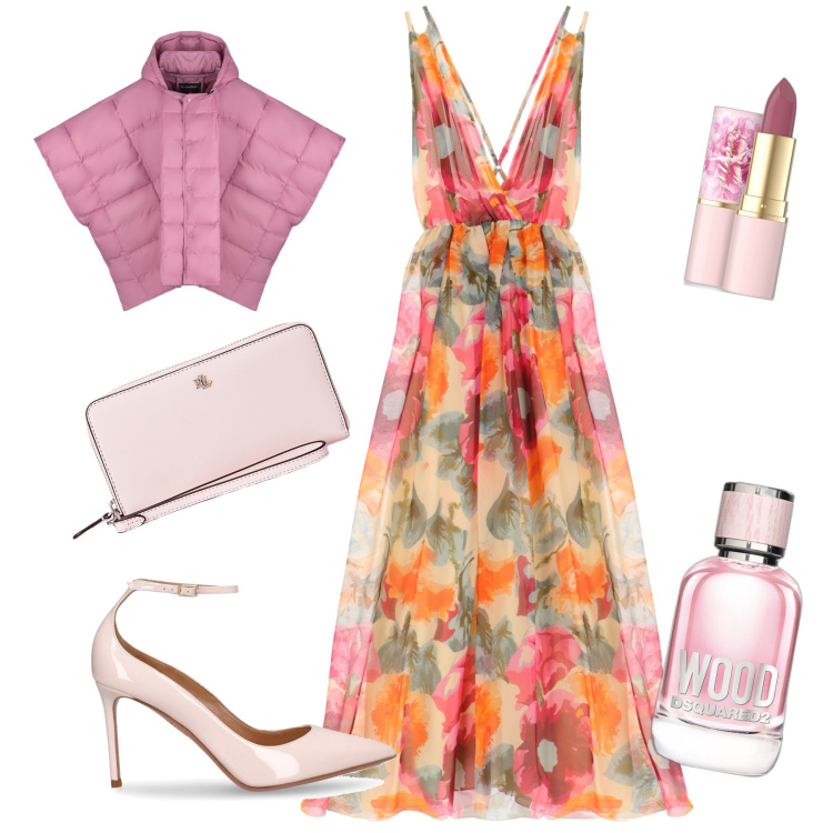 Outfit donna - A fiori per la cerimonia. Stile Chic per Cerimonia. Abbinamento con rossetti, profumi, giacche, pochette, vestiti lunghi, décolleté.
