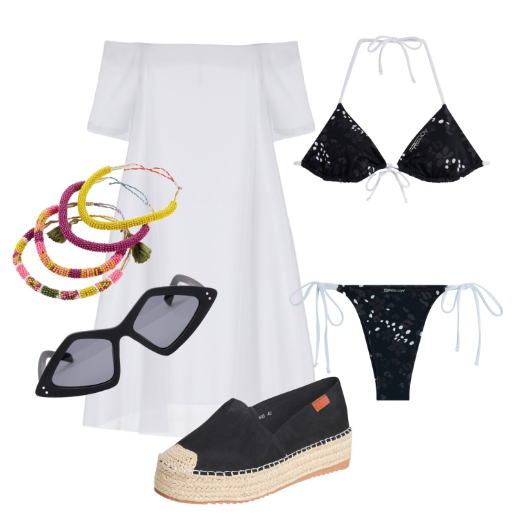 Outfit donna - Ghost outfitter - luglio. Stile Basic per Mare. Abbinamento con braccialetti, espadrillas, vestiti corti, bikini, bikini, occhiali da sole.