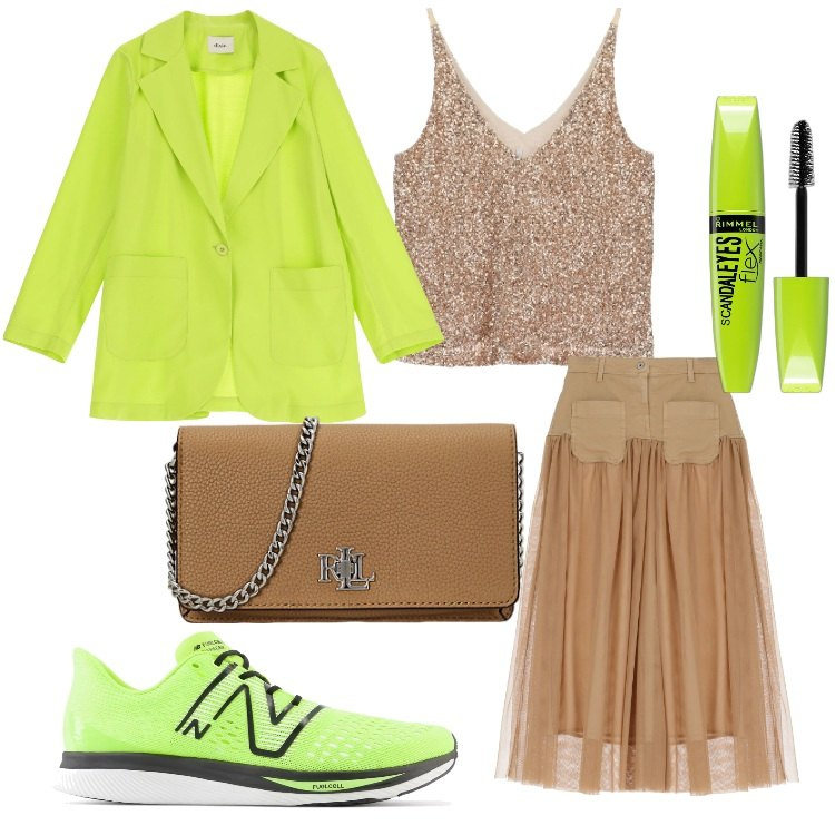 Outfit donna - Verde lime. Stile Trendy per Serata fuori. Abbinamento con mascara, sneakers, gonne lunghe, top, borse a mano, blazer.