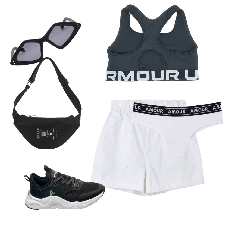 Outfit donna - Stamattina corsa. Stile Sporty chic per Sport. Abbinamento con marsupi, shorts, culotte, sneakers, top, occhiali da sole.