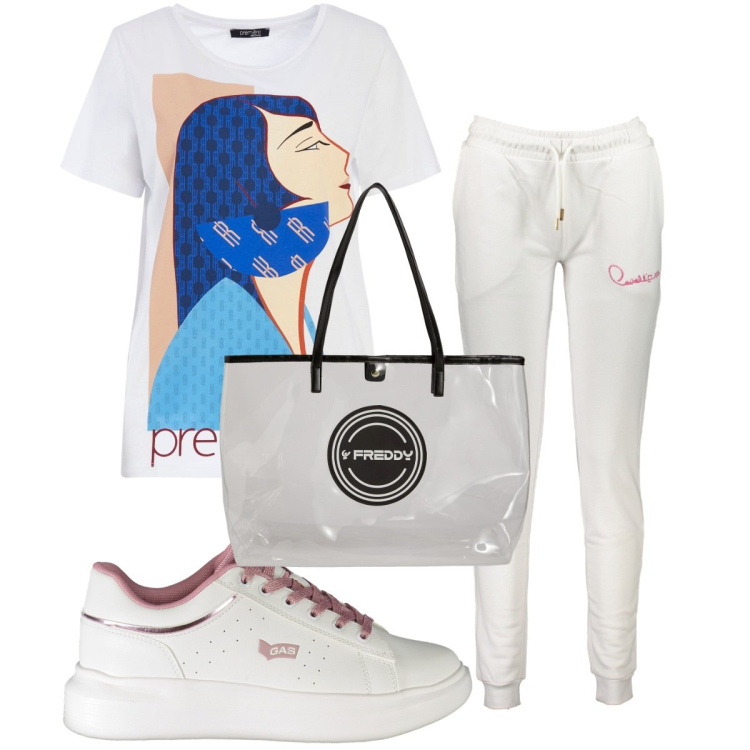 Outfit donna - Total look #1908400. Stile Basic per Tutti i giorni. Abbinamento con t-shirt, shopping bag, sneakers, pantaloni.