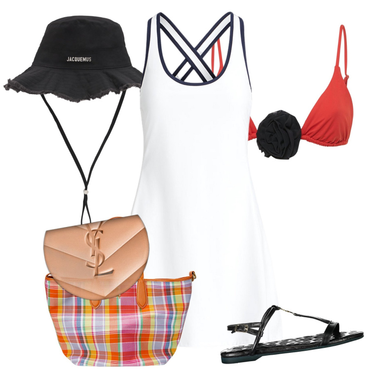 Outfit donna - Che classe al mare. Stile Glamour per Mare. Abbinamento con terre, vestiti, borse tote, sandali, cappelli, bikini.
