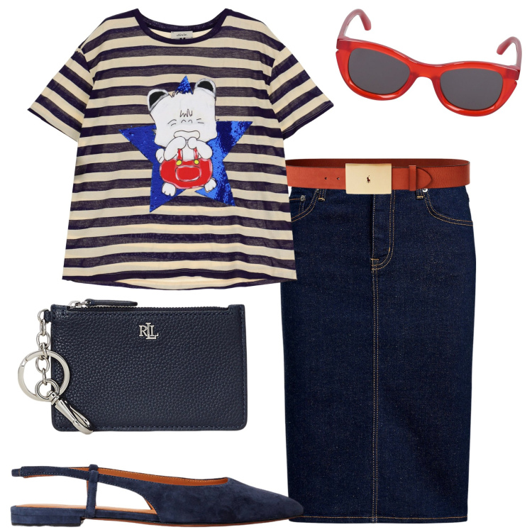 Outfit donna - Cherry Red. Stile Casual per Ufficio. Abbinamento con t-shirt, gonne, cinture, ballerine, portafogli, occhiali da sole.