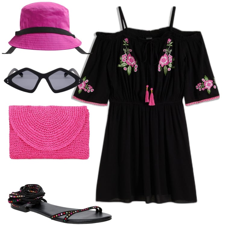 Outfit donna - Romantici fiori. Stile Romantica per Mare. Abbinamento con vestiti, cappelli, sandali alla schiava, pochette, occhiali da sole.