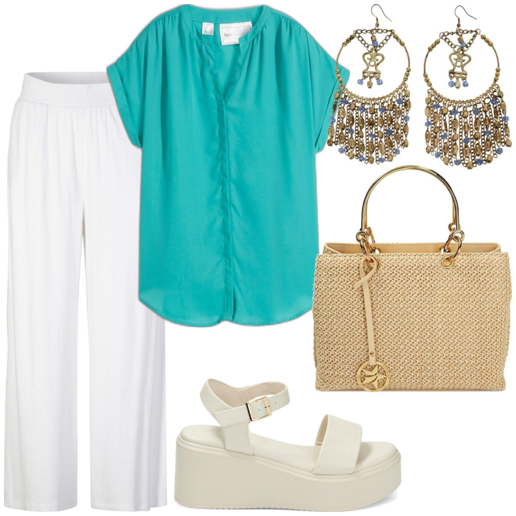Outfit donna - Blusa verde acqua. Stile Casual chic per Tutti i giorni. Abbinamento con pantaloni, camicie, orecchini, borse a mano, zeppe.