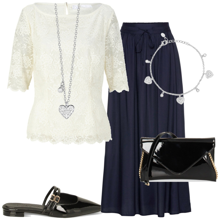 Outfit donna - Cerimonia d\'estate. Stile Chic per Cerimonia. Abbinamento con gonne lunghe, bluse, collane, braccialetti, sabot, pochette.