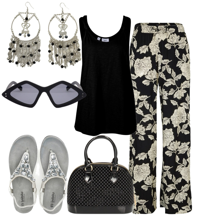 Outfit donna - City. Stile Casual chic per Tutti i giorni. Abbinamento con pantaloni a palazzo, top, borse a mano, orecchini, sandali, occhiali da sole.