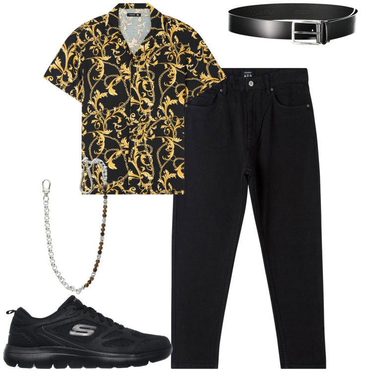 Outfit uomo - La camicia fantasia. Stile Trendy per Tutti i giorni. Abbinamento con pantaloni, camicie a manica corta, collane, sneakers, cinture.
