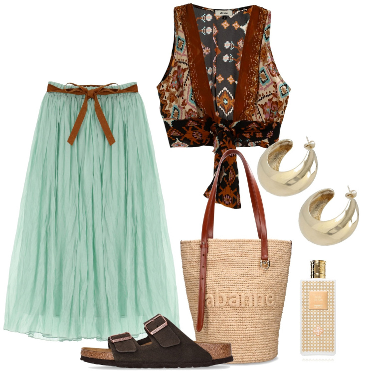 Outfit donna - La borsa in paglia per l\'estate. Stile Boho per Tutti i giorni. Abbinamento con profumi, gonne lunghe, top, shopping bag, sandali, orecchini.