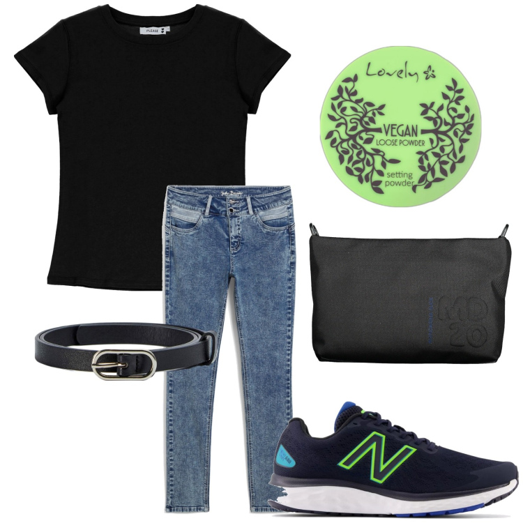 Outfit donna - T-shirt basic. Stile Basic per Tutti i giorni. Abbinamento con jeans skinny, ciprie, cinture, sneakers, t-shirt, pochette.