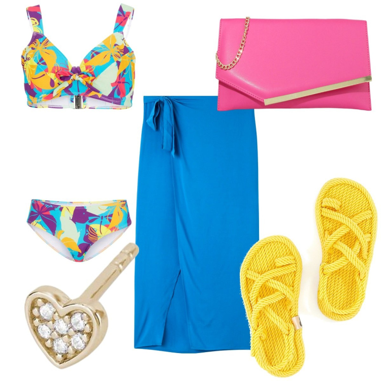 Outfit donna - Una festa in color block. Stile Trendy per Mare. Abbinamento con bikini, vestiti da spiaggia, orecchini, pochette, sandali.