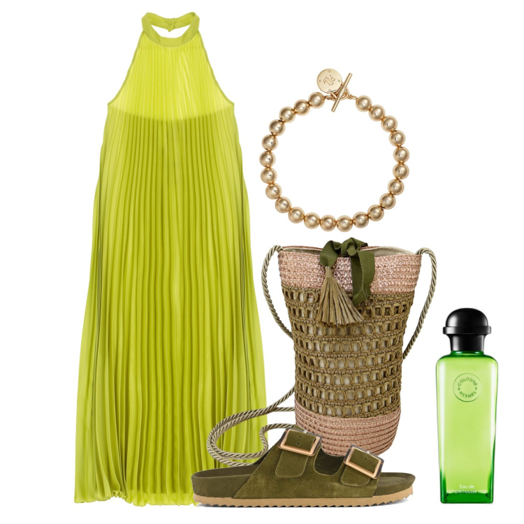 Outfit donna - Plissé verde lime. Stile Chic per Tutti i giorni. Abbinamento con profumi, vestiti lunghi, borse a secchiello, braccialetti, sandali.