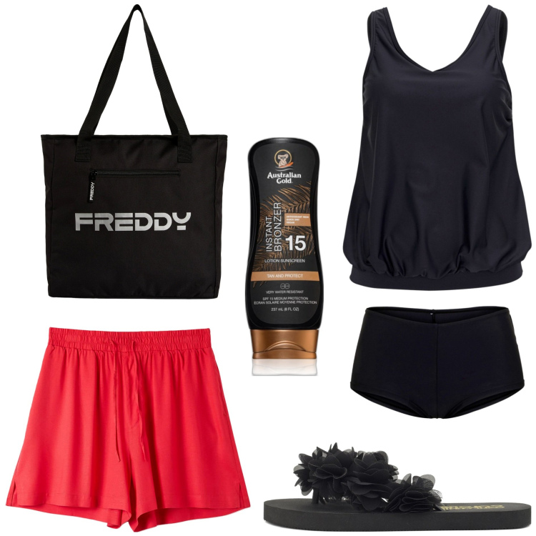 Outfit donna - In spiaggia. Stile Basic per Mare. Abbinamento con costumi interi, terre, shorts, shopping bag, infradito.