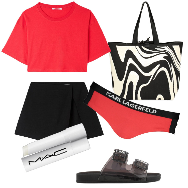 Outfit donna - Total look #1908501. Stile Casual per Mare. Abbinamento con gloss, minigonne, t-shirt, borse a spalla, sandali, costumi.