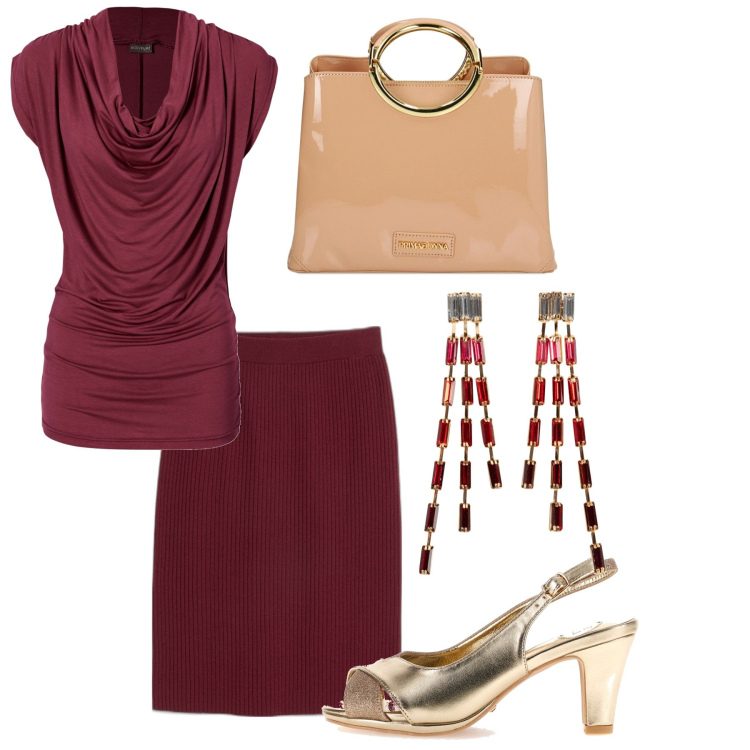 Outfit donna - Cherry red versione cerimonia. Stile Chic per Cerimonia. Abbinamento con gonne, orecchini, maglieria, borse a mano, sandali col tacco.