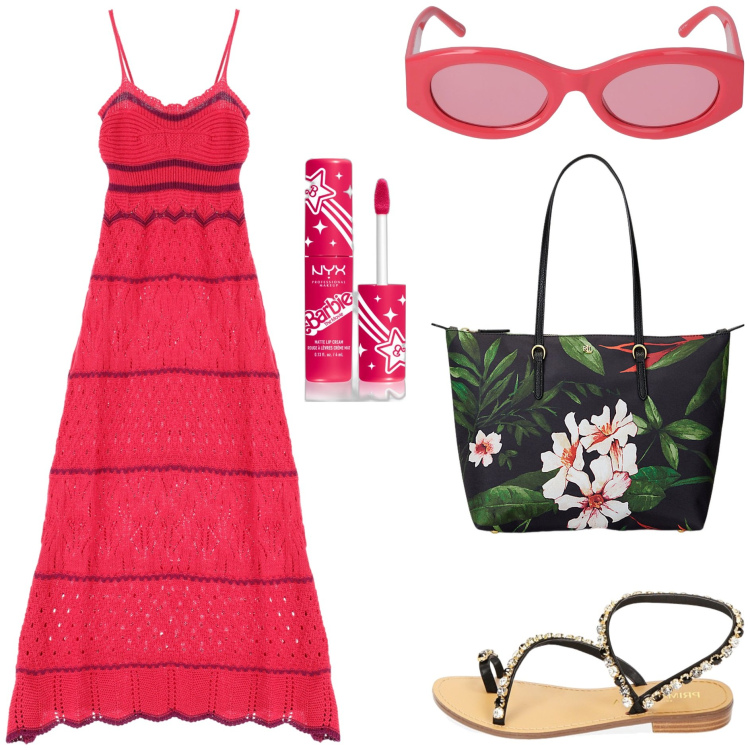 Outfit donna - L\'abito lungo crochet. Stile Boho per Tutti i giorni. Abbinamento con rossetti, vestiti lunghi, sandali gioiello, borse tote, occhiali da sole.