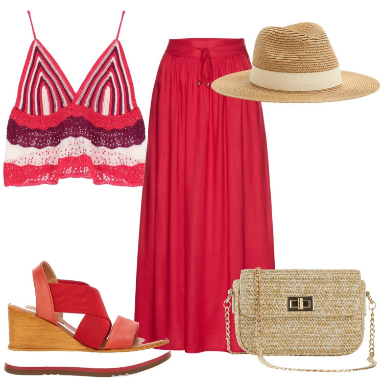 Outfit donna - Cherry Red : un\'estate rosso ciliegia. Stile Trendy per Tutti i giorni. Abbinamento con gonne lunghe, borse a mano, cappelli, top, sandali.