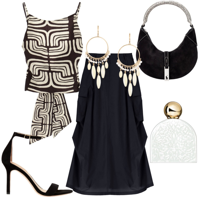 Outfit donna - Total look #1908547. Stile Chic per Serata fuori. Abbinamento con profumi, gonne lunghe, top, sandali col tacco, orecchini, borse a spalla.