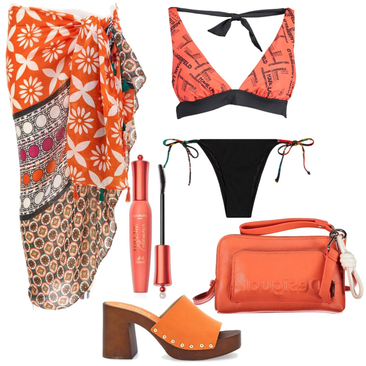 Outfit donna - Mare. Stile Casual per Mare. Abbinamento con mascara, bikini, vestiti da spiaggia, costumi, borse a tracolla, zoccoli.