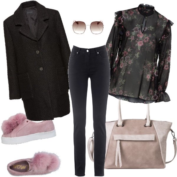 Outfit donna - Cipria. Stile Trendy per Tutti i giorni. Abbinamento con jeans dritti, reggiseni, cappotto a quadri in bouclè con bottoni nero, borsa a tracolla a trapezio, sneakers tennis, occhiali da sole e montature per occhiali da vista lenti sfumate.