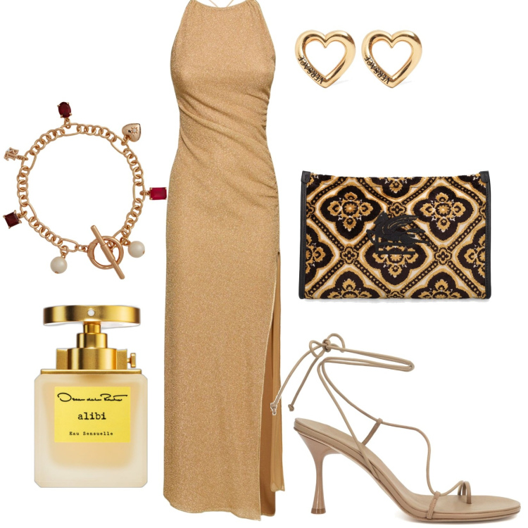 Outfit donna - Color Oro esalta la pelle abbronzata. Stile Sexy per Serata fuori. Abbinamento con profumi, braccialetti, vestiti lunghi, pochette, orecchini, sandali in pelle.