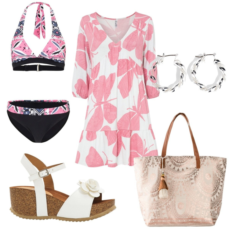 Outfit donna - Al mare con Bon Prix. Stile Trendy per Mare. Abbinamento con sandali, orecchini, vestiti, bikini, shopping bag.