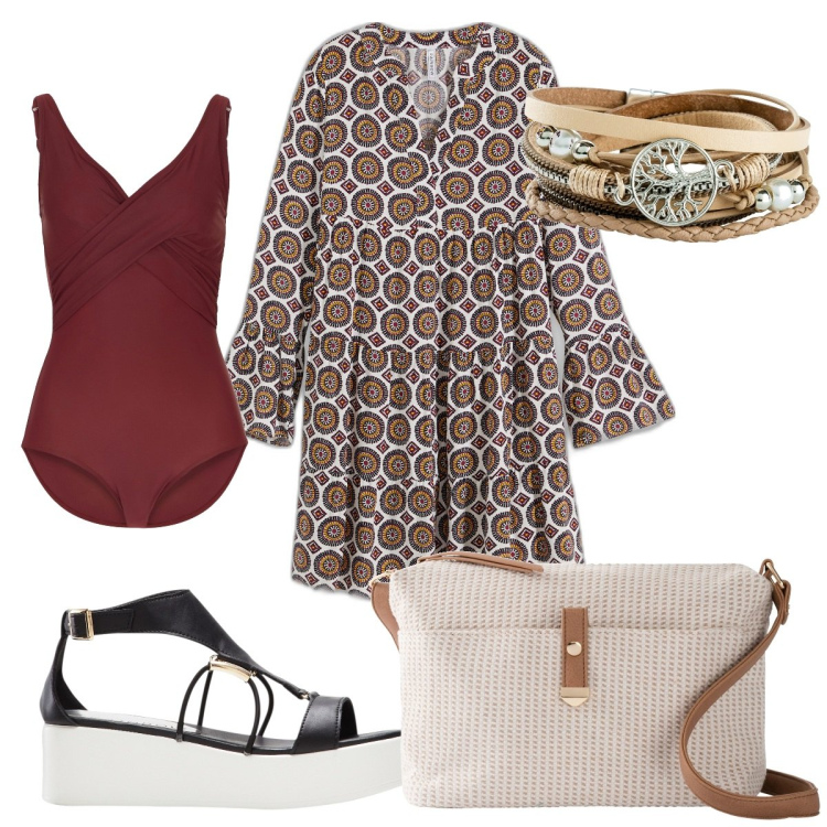 Outfit donna - Bonprix stile etnico. Stile Etnico per Mare. Abbinamento con costumi interi, braccialetti, vestiti, borse a tracolla, sandali col tacco.