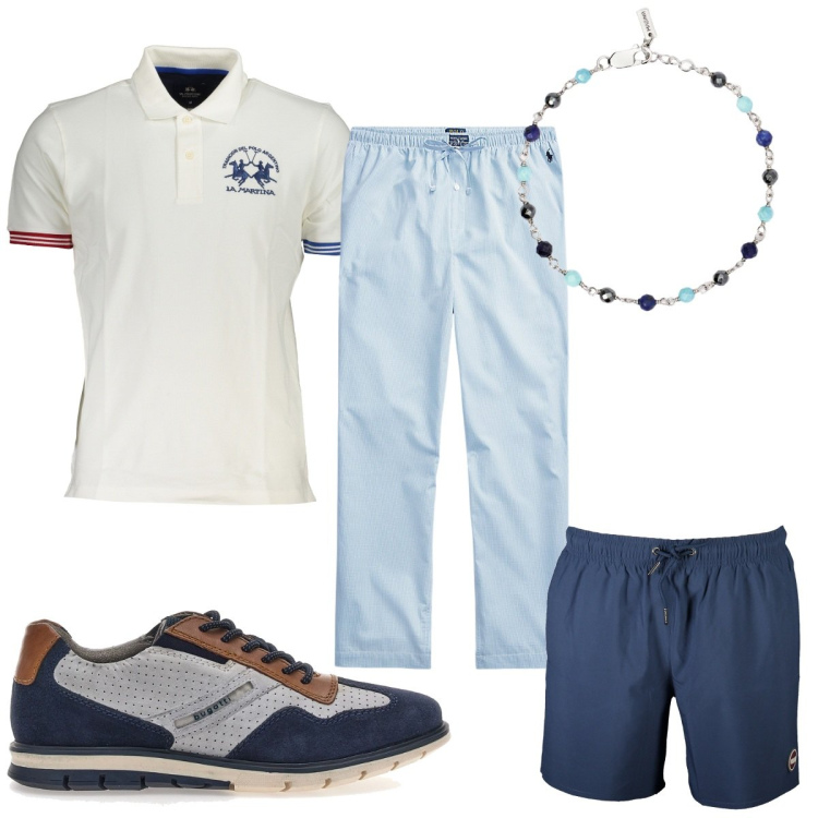 Outfit uomo - La polo per la gita in barca. Stile Trendy per Mare. Abbinamento con braccialetti, pantaloni, polo, scarpe stringate, costumi.