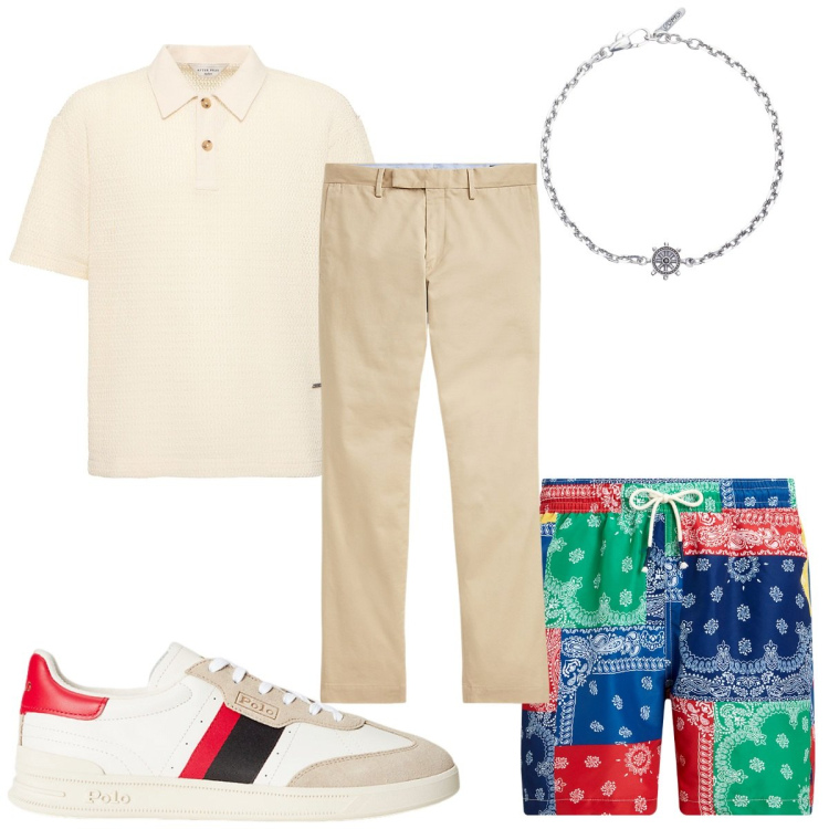Outfit uomo - Il costume patchwork. Stile Trendy per Mare. Abbinamento con braccialetti, pantaloni chino, sneakers, costumi, polo.