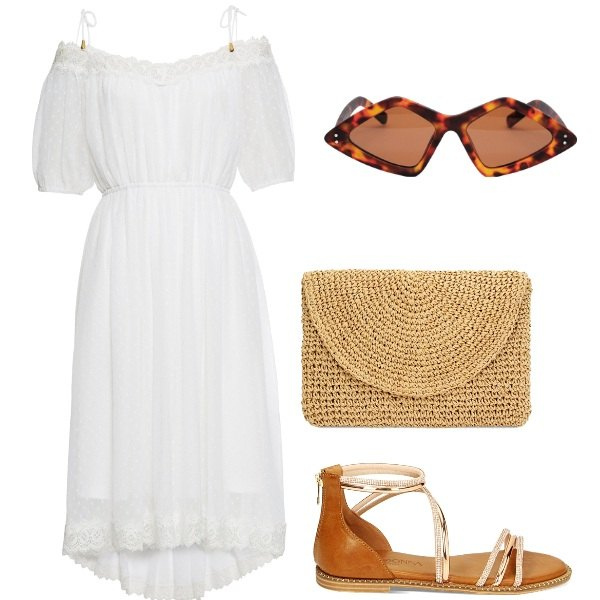 Outfit donna - Bianco e cuoio. Stile Vintage retrò per Mare. Abbinamento con vestiti, sandali gioiello, pochette, occhiali da sole.