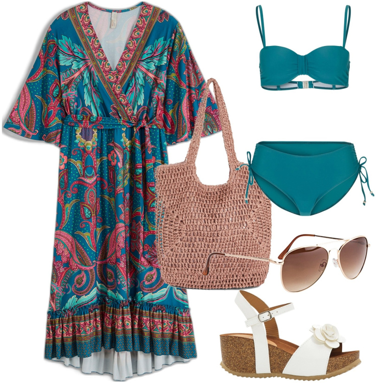 Outfit donna - In spiaggia con stile ... Bonprix. Stile 70s per Mare. Abbinamento con sandali, occhiali da sole, vestiti, bikini, shopping bag.