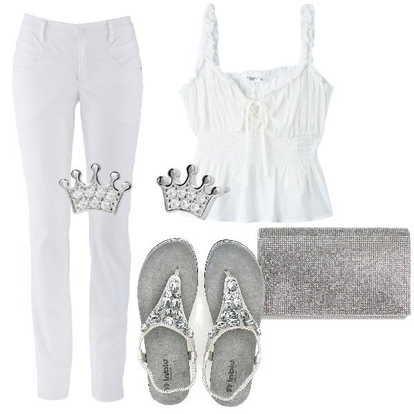Outfit donna - Bianco e argento. Stile Chic per Mare. Abbinamento con pantaloni, top, orecchini, pochette, sandali.