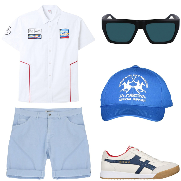 Outfit uomo - Gita in barca. Stile Casual per Mare. Abbinamento con camicie a manica corta, shorts, sneakers, cappelli con visiera, occhiali da sole.