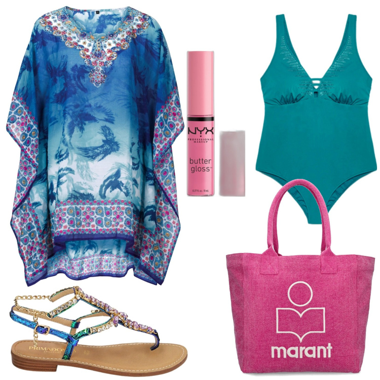 Outfit donna - Festa in spiaggia. Stile Boho per Mare. Abbinamento con vestiti da spiaggia, gloss, ciabatte, costumi interi, shopping bag.