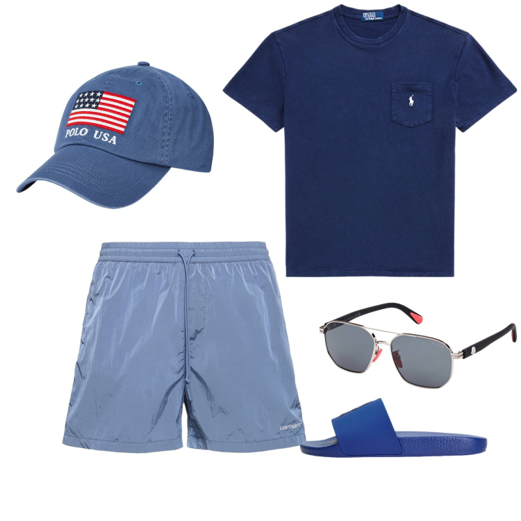 Outfit uomo - Total look #1908640. Stile Casual per Mare. Abbinamento con cappelli, sandali, t-shirt, shorts, occhiali da sole.