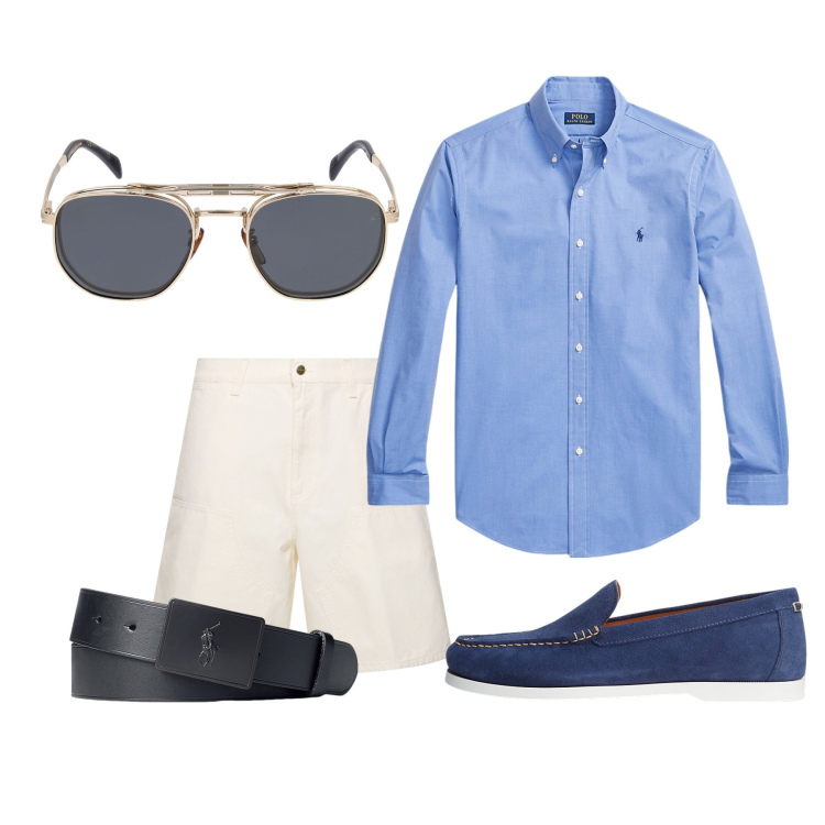 Outfit uomo - Total look #1908645. Stile Trendy per Mare. Abbinamento con scarpe stringate, cinture, camicie, occhiali da sole, shorts.