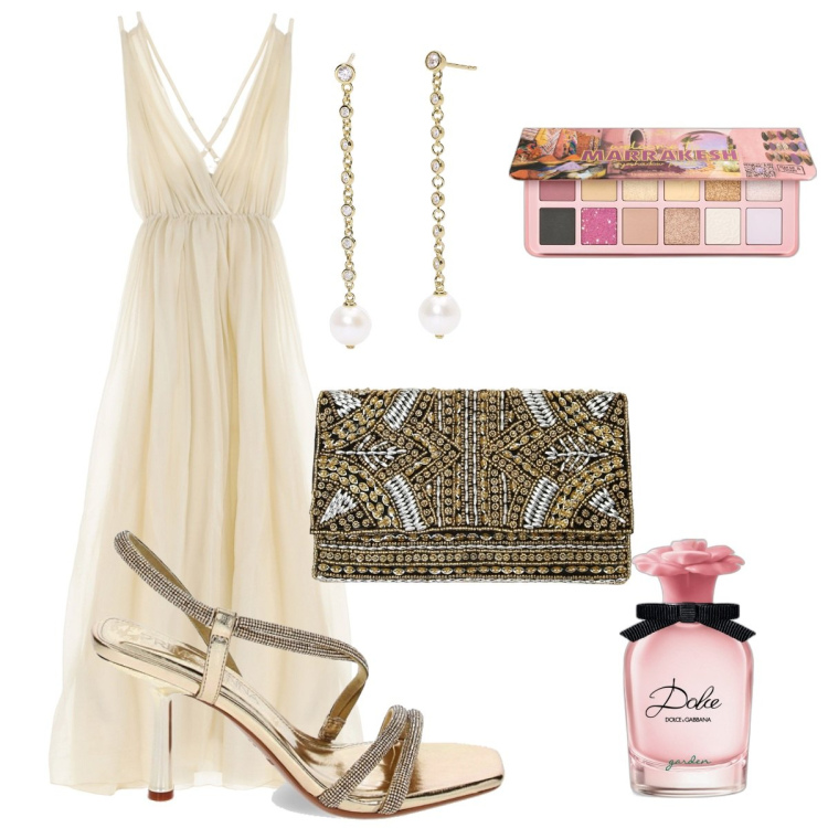 Outfit donna - Elegante Festa in spiaggia. Stile Glamour per Mare. Abbinamento con profumi, ombretti, orecchini, sandali gioiello, vestiti lunghi, pochette.