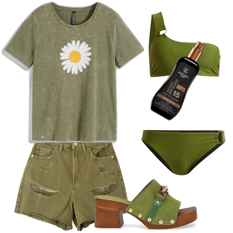 Outfit donna - Total look #1908675. Stile Trendy per Mare. Abbinamento con t-shirt, bikini, terre, shorts, zoccoli.