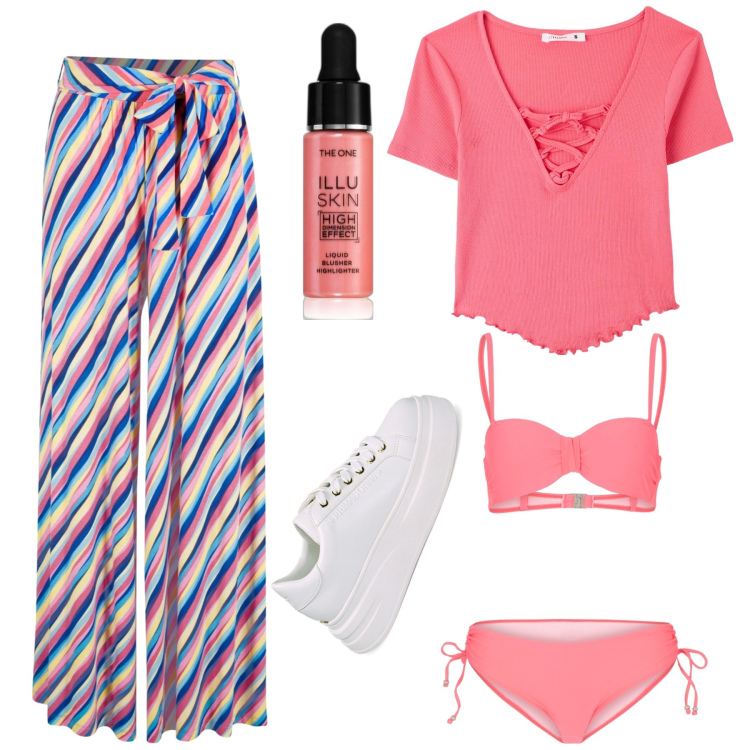 Outfit donna - Total look #1908691. Stile Etnico per Mare. Abbinamento con pantaloni a palazzo, bikini, blush, t-shirt, sneakers.