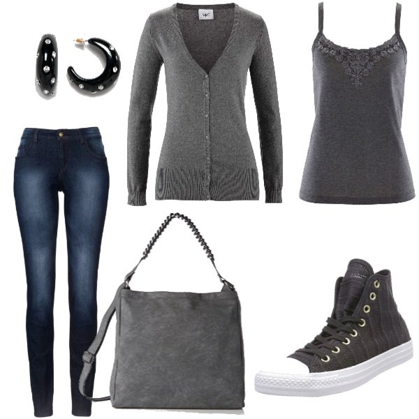 Outfit donna - Basic #343. Stile Basic per Tutti i giorni. Abbinamento con jeans skinny, cardigan a coste con scollo in in maglia con polsini, top, borsa a spalla grigio, sneakers collo alto nero, orecchini farfalla in denim nero.