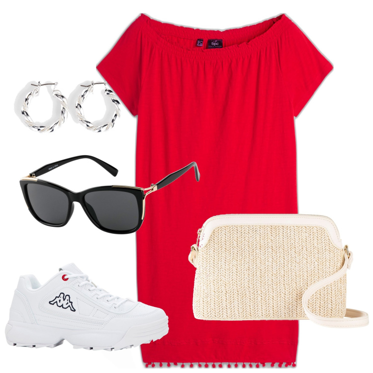 Outfit donna - Rosso grintoso. Stile Urban per Tutti i giorni. Abbinamento con vestiti, borse a tracolla, orecchini, sneakers, occhiali da sole.