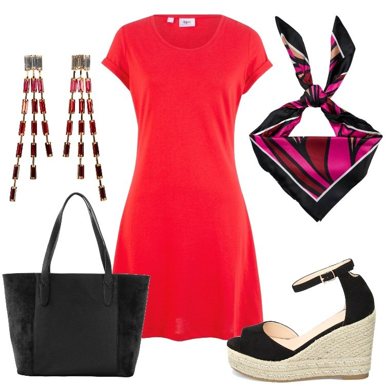 Outfit donna - Come ciliegia. Stile Casual chic per Tutti i giorni. Abbinamento con vestiti, shopping bag, orecchini, foulard, zeppe.