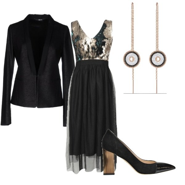 Outfit donna - Serata a teatro. Stile Chic per Serata fuori. Abbinamento con vestito con paillettes collo a v senza maniche interno foderato in tulle jersey, giacca, scarpe, orecchini.