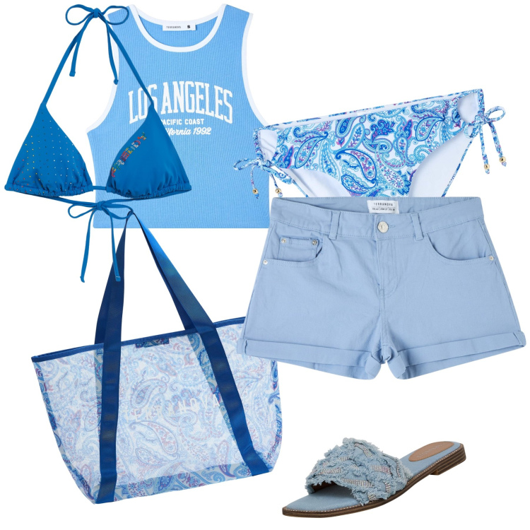 Outfit donna - Cielo e mare. Stile Bon Ton per Mare. Abbinamento con bikini, ciabatte, canottiere, shopping bag, shorts, bikini.