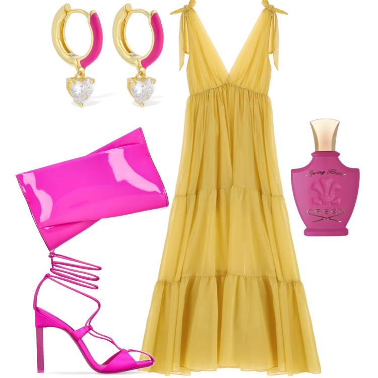 Outfit donna - Fuxia e giallo so chic. Stile Glamour per Serata fuori. Abbinamento con profumi, vestiti lunghi, pochette, décolleté, orecchini.