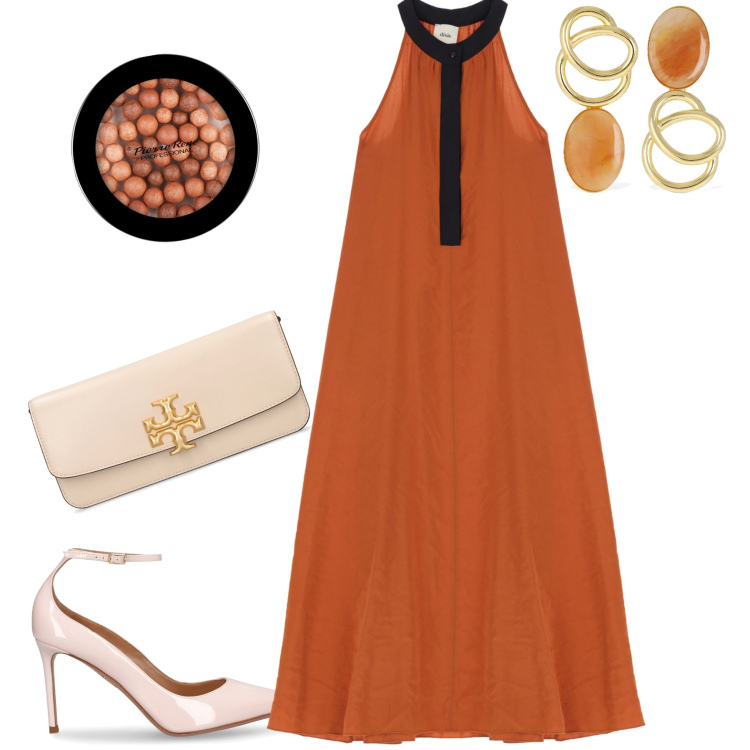Outfit donna - Elegantissima. Stile Glamour per Serata fuori. Abbinamento con blush, vestiti lunghi, pochette, orecchini, décolleté.