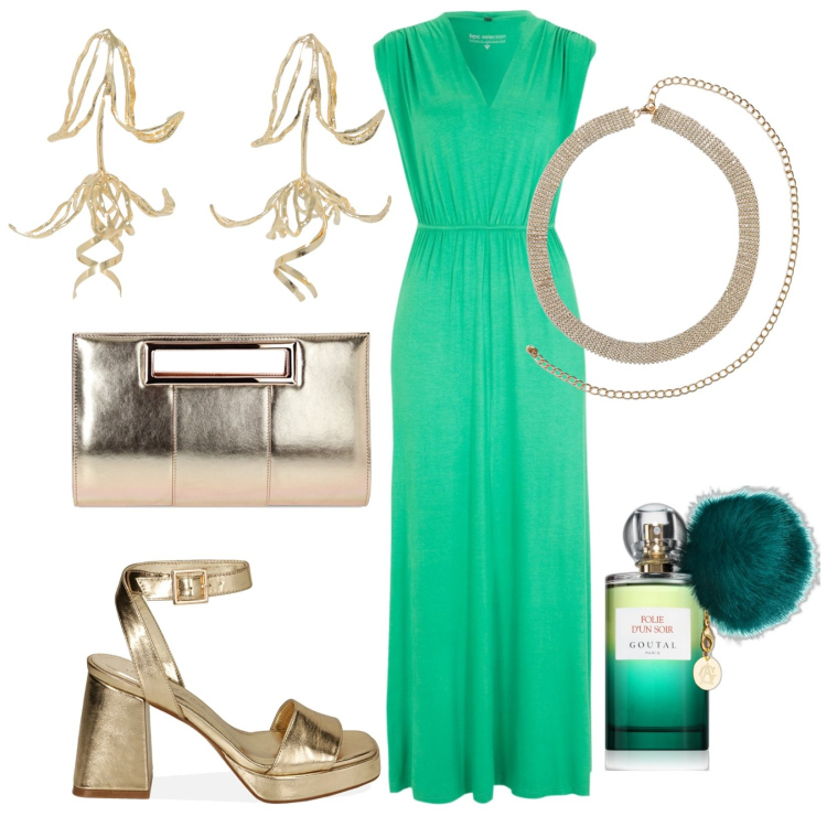Outfit donna - Il verde che illumina. Stile Glamour per Serata fuori. Abbinamento con vestiti lunghi, profumi, collane, sandali col tacco, pochette, orecchini.