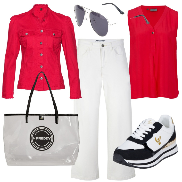 Outfit donna - Al lavoro in scooter. Stile Casual per Ufficio. Abbinamento con top, jeans, blazer, shopping bag, sneakers, occhiali da sole.