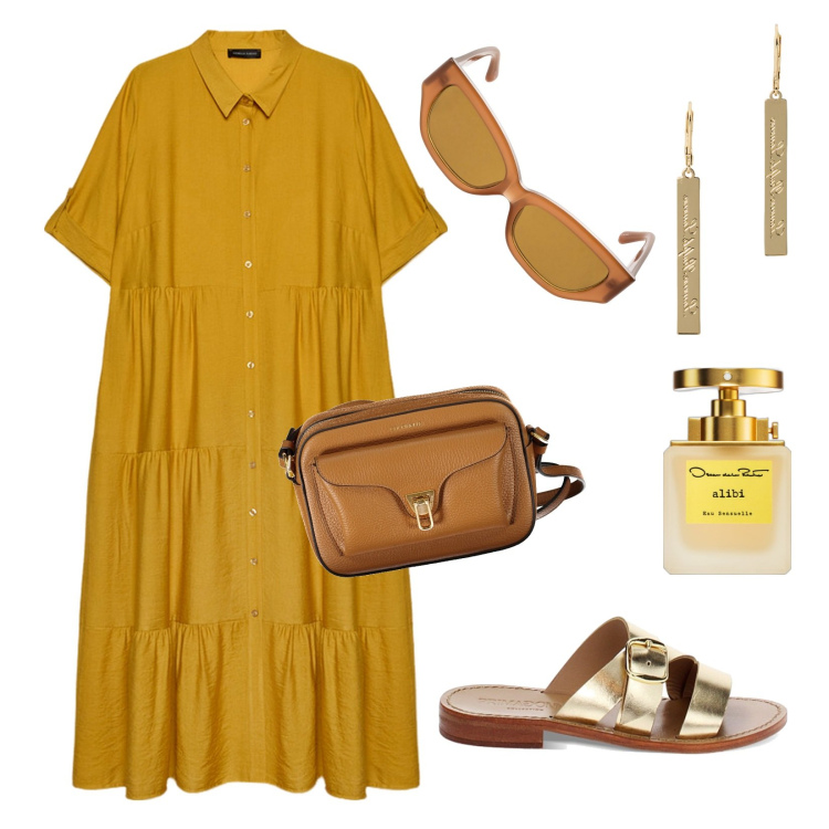 Outfit donna - L\'estate curvy!!!. Stile Minimal per Tutti i giorni. Abbinamento con profumi, sandali in pelle, orecchini, vestiti lunghi, occhiali da sole, borse a tracolla.