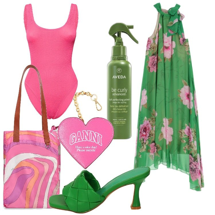 Outfit donna - I must have per le vacanze. Stile Romantica per Mare. Abbinamento con primer, pantofole, vestiti lunghi, shopping bag, portamonete, costumi interi.
